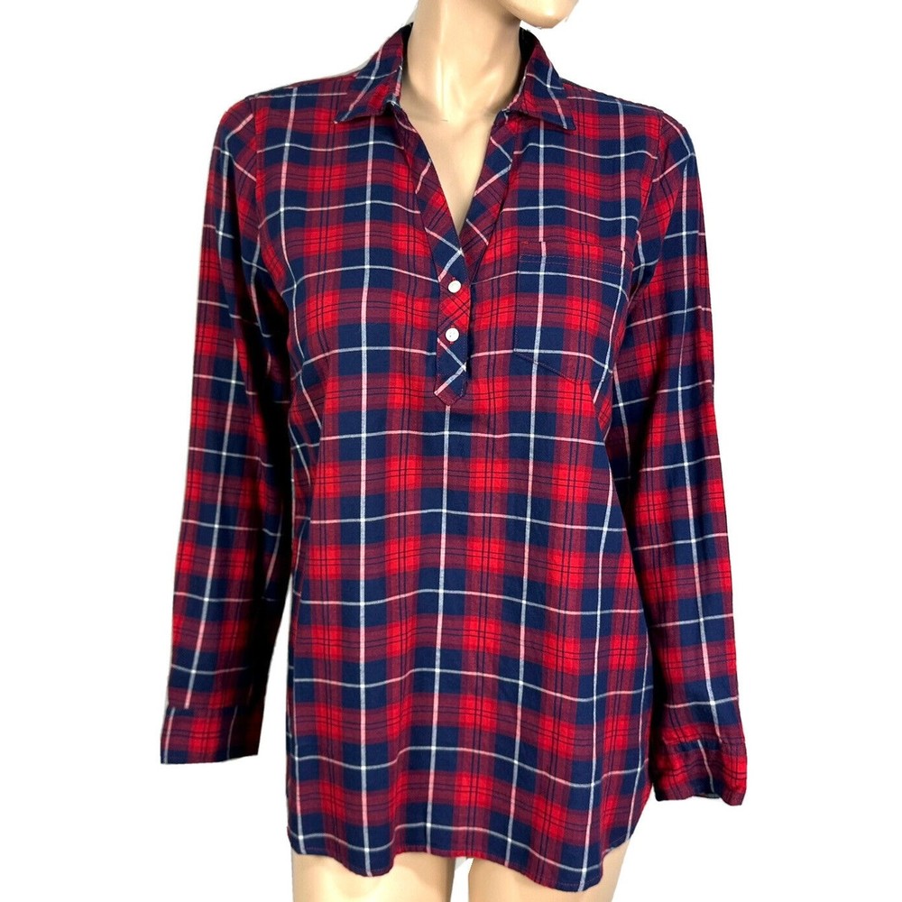 J. Crew Factory Women’s Flannel Popover Tunic Shirt Size S Red Blue Plaid NWT